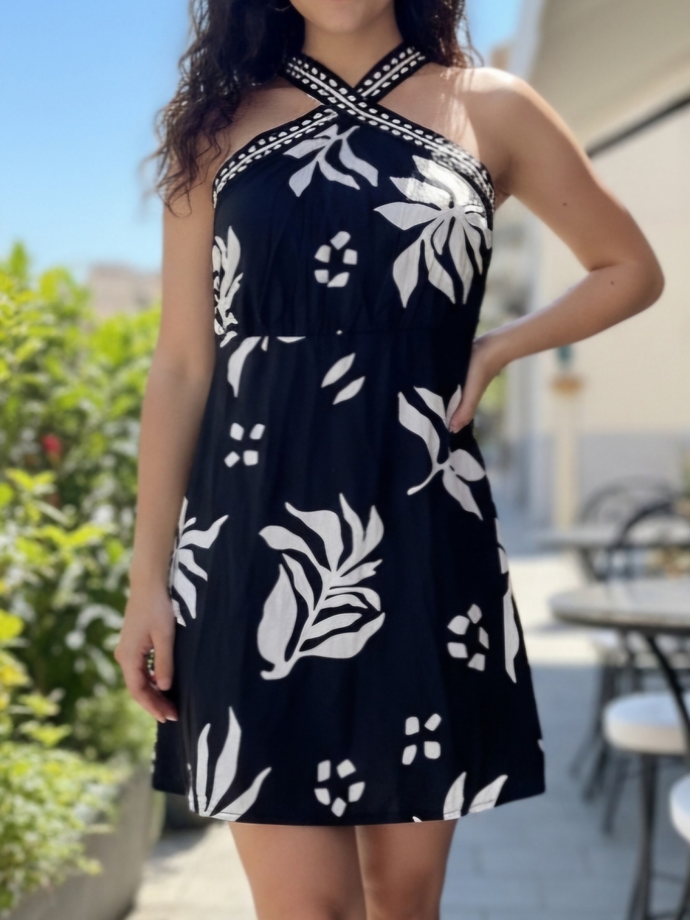 LOFT Black White Linen Blend Floral Halter Dress
